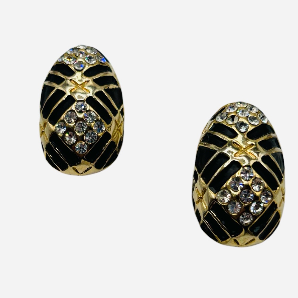 Fabulous 1980’s Black Enamel Rhinestone Shrimp Style Clip Earrings